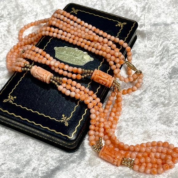Vintage Angel Skin Coral 14K Gold Carved Shou Bead Triple Strand Necklace - Picture 1 of 12
